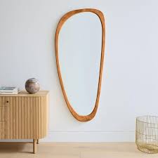 mid century asymmetrical wood floor mirror