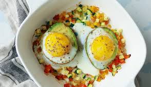 avocado baked eggs with vegetable hash