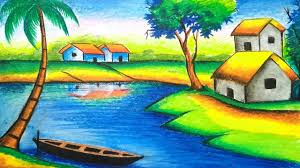 village landscape scenery drawing with