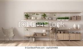 First you need to remove the old upholstery and to expose the frame, then you can trip it down to the raw wood using sandpaper. Eco White Interior Design With Wooden Bookshelf Diy Vertical Garden Storage Shelving Living Lounge Relax Area With Canstock