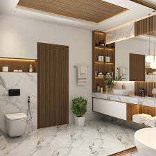 White And Wood Bathroom Design With
