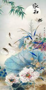 décor asiatique format portrait papier peint design les lotus les poissons  et le papillon dans la nuit - Atelier WYBO