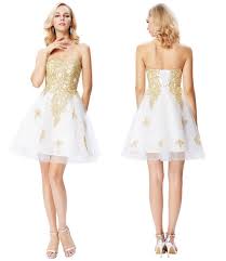 Grace Karin Short White Cocktail Dresses Sweetheart Gold Appliques Formal Prom Dresses A Line Bandage Tulle Homecoming Dresses Dh374 Short Lace