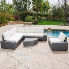 Noble House Santa Cruz Outdoor 7 Pc Grey Wicker Sofa Set With White Water Resistant Cushions