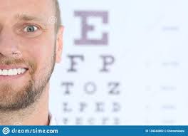 Closeup View Of Man And Blurred Eye Chart On Background
