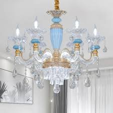 6 Lights Chandelier Lighting Traditional Wide Flare Crystal Pendant Lighting In Light Blue Takeluckhome Com