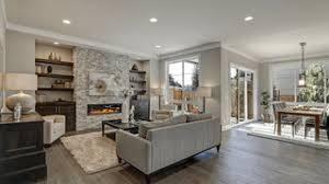 75 laminate floor family room with gray
