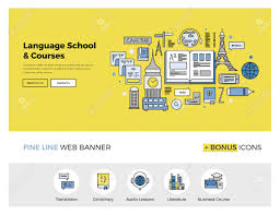 Flat Line Design Of Web Banner Template With Outline Icons Of