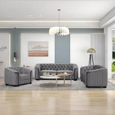 gray velvet upholstered living room set