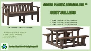 Our recycled plastic outdoor furniture is unaffected by extreme climates, has proven performance in coastal and wetland regions and can be secured to concrete slabs or cemented into the ground. Green Plastic Jhb On Twitter 100 Recycled Plastic Outdoor Furniture Lifetime Warranty No Maintenance Http T Co Gehc8x51ew