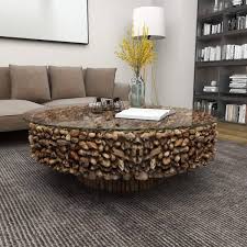 Decmode Natural Round Driftwood And Glass Coffee Table Brown