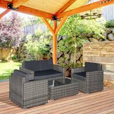 Outsunny 4 Piece Rattan Wicker Furniture Set Outdoor Cushioned Conversation Furniture With 2 Chairs Loveseat And Glass Coffee Table Grey