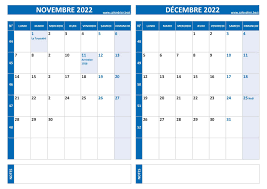 Calendrier novembre et décembre 2022 à imprimer (Calendrier pour 2 mois)