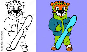 tiger with snow board cartoon with and