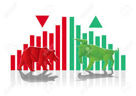 Bull And Bear Paper Art With Green And Red Bar Chart And Arrow
