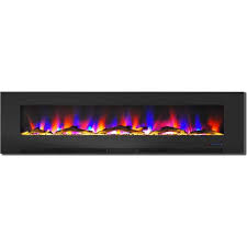 Hanover 78 In Wall Mount Electric Fireplace In Black With Multi Color Flames And Driftwood Log Display