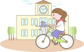 校舎と自転車通学の女子学生：イラスト無料