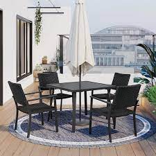 Tunearary Black Outdoor Patio 5 Piece Metal Dining Table Set With Umbrella Hole 4 Dining Chairs For Garden Terrace Pool