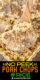 Place 5 medium pork chops in a 9 by 12 inch baking pan. No Peek Pork Chops And Rice Super Easy Dinner Recipe Pork Chops Seasoned Pepper Rice Easy Dinner Recipes Pork Pork Chop Recipes Baked Pork Chops And Rice