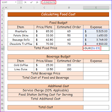 food and beverage budget in excel