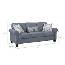 American Furniture Classics Classic Cottage Series Blue Fabric Sofa With Rolled Arms And 3 Accent Pillows