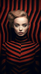 a model wears a red and black striped