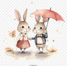 two bunnies hold hands under umbrella