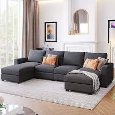 Harper Bright Designs 131 In Square Arm 3 Piece Polyester U Shaped Sectional Sofa In Gray With Chaise
