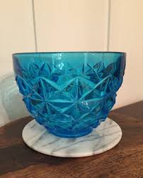 Vintage Blue Pressed Glass Serving Bowl