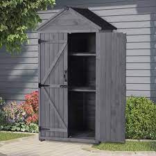Tunearary Gray 5 8 Ft W X 3 Ft D Outdoor Storage Wood Shed With Double Door 3 Tier Shelves For Backyard 5 Sq Ft