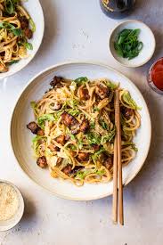 vegan udon noodles with smoked tofu and