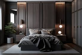 modern bedroom interior with gray and