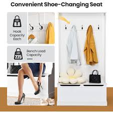 3 In 1 Entryway Hall Tree Coat Rack Shoe Bench With Hooks And Bottom Storage White Costway