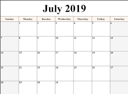 July Month Calendar 2019 Printable Template