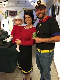 The costume was a teddy bear outfit i found at the goodwill and i altered it by cutting it open , adding more fabric in front to get it on him and added anchor earrings i glued onto buttons in the front and. Diy Family Costume Popeye Olive Oyl And Sweet Pea Happy Best Party Supply
