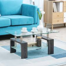 Homcom Rectangle Glass Coffee Table With Storage Shelf And 2 Tier Center Table With Tempered Glass Top For Living Room Grey Aosom Canada