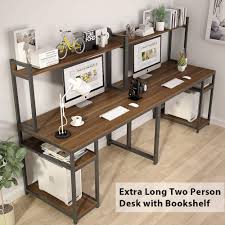 But it's one of the most complex options on this list. Extra Long Two Person Desk Workstation With Storage Shelves Large Office Desk Study Writing Table For Home Office Vintage Walnut Tribesigns 96 9 Double Computer Desk With Printer Shelf Home Office Desks Home