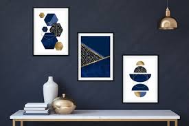 set of 3 navy blue and gold wall art