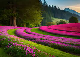 beautiful pink flowers field in hills