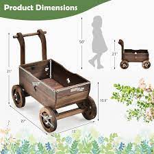Rustic Brown Decorative Wooden Wagon Cart With Handle Wheels And Drainage Hole