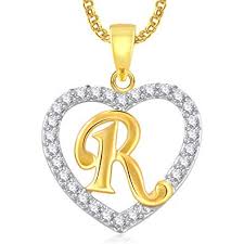 Amaal Jewellery Valentine Gifts Gold American Diamond Heart Alphabet Letter R Necklace Pendant For Women Girls Girlfriend Boys Men With Chain Ps0409