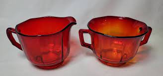 Red Glass Sugar Bowl And Creamer Set