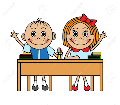 Cartoon Children Sitting At School Desk And Pull Hand To Answer Royalty Free SVG, Cliparts, Vectors, And Stock Illustration. Image 29429216.