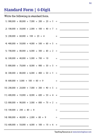 6 Digit Numbers In Standard Form Worksheets
