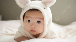 cute asian baby in a bunny robe that