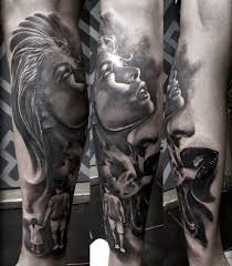 calf leg portrait tattoo in black and