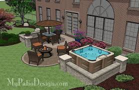 Fire pits, string lights, hot tubs and so much more inspo! 445 Sq Ft Hot Tub Patio Design With Seat Walls Hot Tub Outdoor Hot Tub Landscaping Hot Tub Patio