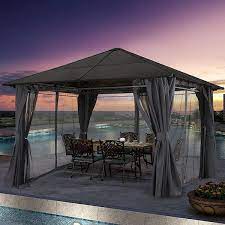 Abccanopy 10 Ft X 12 Ft Outdoor Aluminum Patio Gazebo Polycarbonate Hardtop With Mosquito Netting And Privacy Curtain Gray