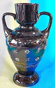 Vintage Enameled Black Amethyst Glass Vase