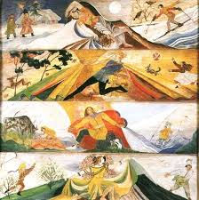 Oryginalna, przedwojenna barwna litografia, sygnowana na matrycy: Four Seasons By Zofia Stryjenska Res Publica